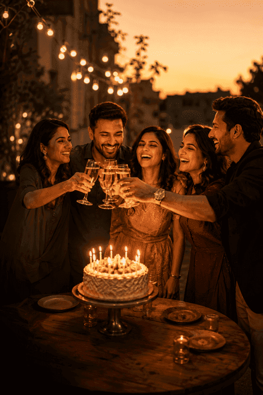 Friends raising a toast at an adult birthday celebration
