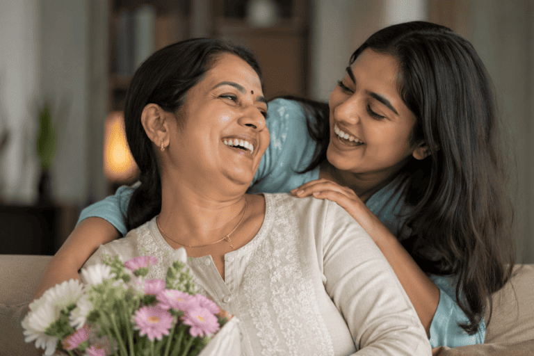 Mother and daughter smiling together