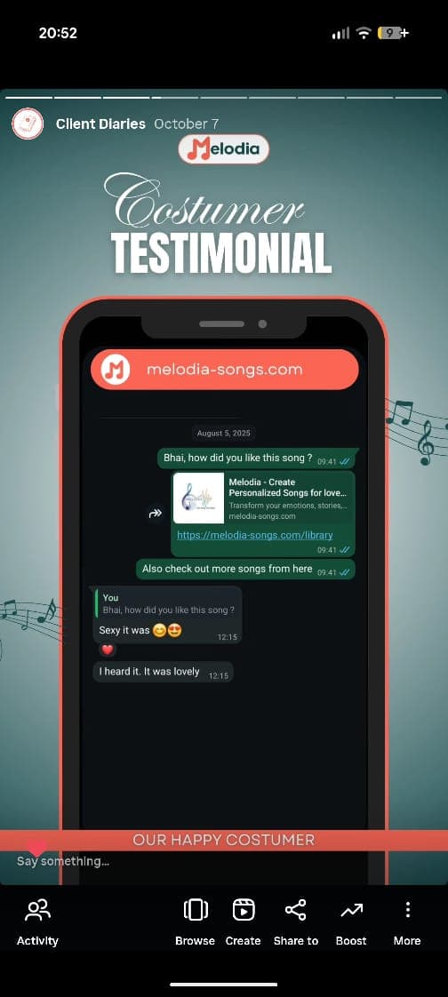 Customer testimonial 2 - Happy Melodia user sharing their experience