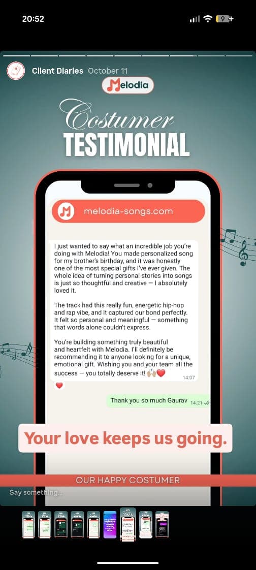 Customer testimonial 4 - Happy Melodia user sharing their experience