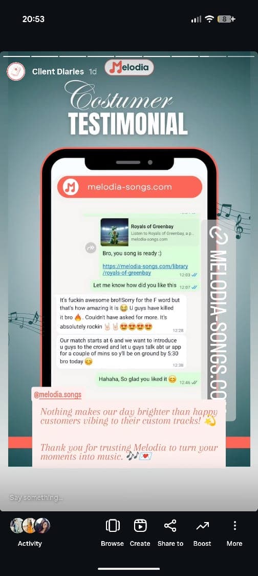 Customer testimonial 5 - Happy Melodia user sharing their experience