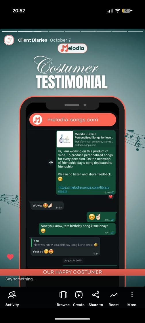 Customer testimonial 7 - Happy Melodia user sharing their experience